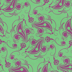 Elegant ornamental paisley-style pattern in purple on mint green textured background. Decorative vintage design ideal for wallpaper and textiles.