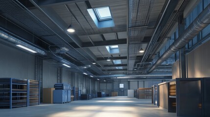 Fototapeta premium Industrial ceiling with ventilation ducts and lighting for optimal airflow efficiency