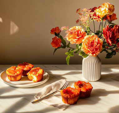 Sliced Muffins with Caramel Filling on Marble Surface in Minimalist Food Styling
