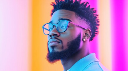A person with glasses and a beard stands against a vibrant background with colorful vertical stripes, exuding a confident and modern vibe.