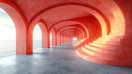 Abstract Coral Archway: A mesmerizing, minimalist architectural rendering features a series of interconnected coral-colored arches leading to a stairway that ascends towards a radiant horizon.