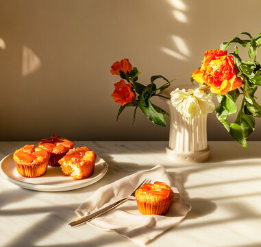 Sliced Muffins with Caramel Filling on Marble Surface in Minimalist Food Styling