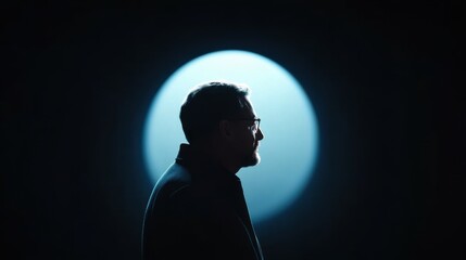 A silhouette of a man in glasses stands before a glowing blue circle, evoking themes of exploration and introspection in a surreal dark setting.