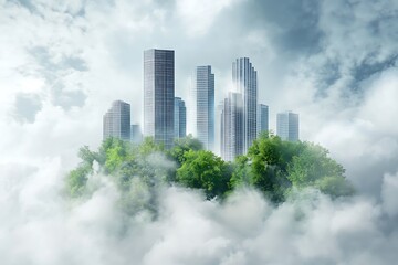 Fototapeta premium Modern metropolis emerging from lush green island in the clouds