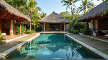 Fototapeta premium A traditional Balinese villa with open-air pavilions and thatched roofs