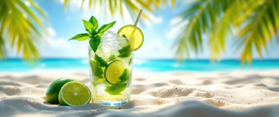 A tropical beach setting with a refreshing mojito cocktail in focus. Beach scene of relaxation and entertainment
