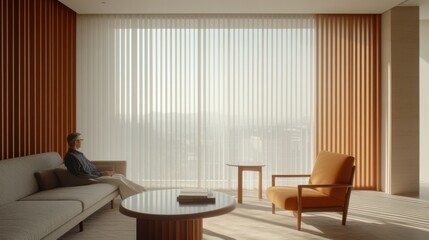 Fototapeta premium A modern, cozy living room with earthy tones features monochrome sage green walls and minimalist furniture, creating a calm and serene mood.