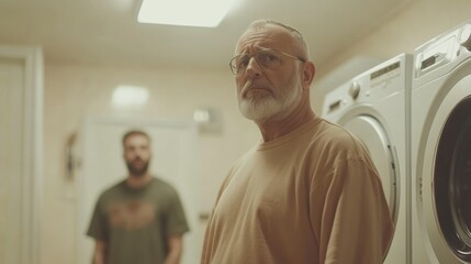 A father and son are in a laundry room, preparing to load a washing machine with dirty clothes. The setting is warm and homely, conveying a sense of family teamwork.