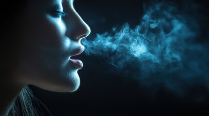 Obraz premium Profile silhouette of a woman releasing smoke in dark setting with blue hues and dramatic lighting effects