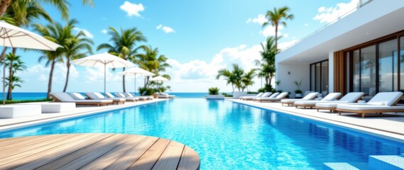 Empty wooden table on sunny blurred tropical pool background. Outdoor party mockup for design and product display.
