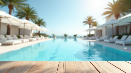 Fototapeta premium Empty wooden table on sunny blurred tropical pool background. Outdoor party mockup for design and product display. 