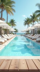 Empty wooden table on sunny blurred tropical pool background. Outdoor party mockup for design and product display.
