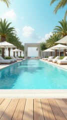 Empty wooden table on sunny blurred tropical pool background. Outdoor party mockup for design and product display.
