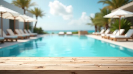 Fototapeta premium Empty wooden table on sunny blurred tropical pool background. Outdoor party mockup for design and product display. 
