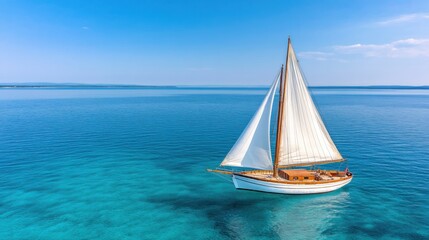 Fototapeta premium A beautiful sailboat glides over a serene, turquoise sea under a clear blue sky, showcasing a peaceful maritime scene.