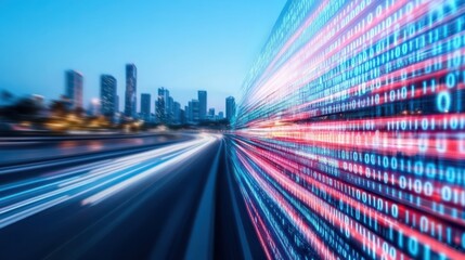 Fototapeta premium A city street with a blur of lights and a city skyline in the background