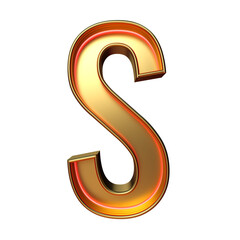 Golden retro font. Red neon. Alphabet letter S isolated on a white background with clipping path. 3d illustration.