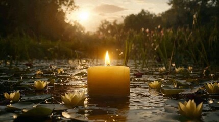 Floating candle surrounded by water lilies at sunset
