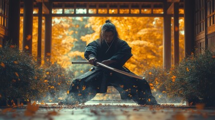 A kendo master demonstrates perfect form in a tranquil autumn garden. Leaves drift down in vibrant colors as the master prepares for the next move, showcasing discipline and focus