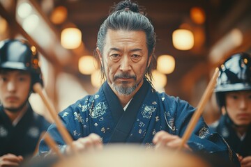 A skilled Japanese instructor leads two students in a traditional drumming lesson, demonstrating techniques in a vibrant cultural center during a daytime session