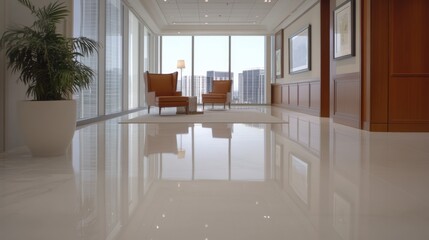 Fototapeta premium An elegant meeting room with glass sectioning showcasing a polished floor, comfortable chairs, and a view of the city skyline.
