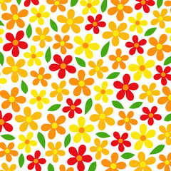 Bold colorful seamless flower pattern with red, yellow, and orange blooms on white. Fun vibrant design for fabric, packaging, and decorative projects.