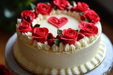 Valentines Day cake with cream topped with fresh roses