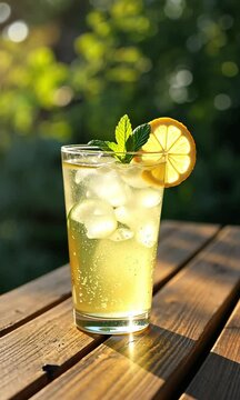 Glass of lemonade with ice cubes and mint leaves, a refreshing citrus drink perfect for summer and casual gatherings