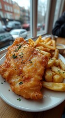 A plate of crispy battered fish is served alongside golden, thick-cut fries. This classic dish is enjoyed in a warm, inviting atmosphere with a view of the bustling street outside