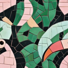 Fototapeta premium A vibrant mosaic displays a blend of pink and green tiles arranged in an art deco style. The design showcases abstract shapes with a playful combination of colors, bringing the artwork to life