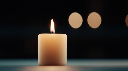 A softly glowing candle against a blurred bokeh background, creating a warm and serene atmosphere.