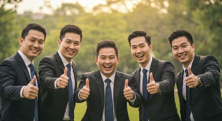 Business Team Thumbs-Up - Professional Group Outdoor Gesture. This image is suitable for use in corporate content, team-building articles, and professional presentations.