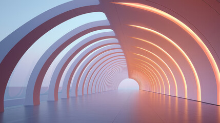 A futuristic corridor with illuminated arches, creating a serene and modern atmosphere, leading towards a bright exit point.