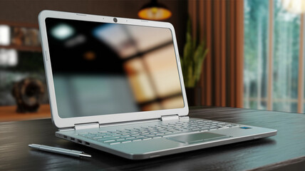 Sleek Silver Laptop on Wooden Desk with Blurred Background in Modern Cozy Workspace Setting