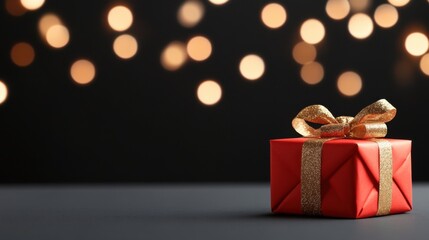 A red gift box with a gold ribbon sits against a blurred festive background with twinkling lights, creating a warm holiday atmosphere.
