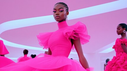 A model gracefully walks the runway in a vibrant pink prom dress, featuring ruffled sleeves and a high neckline, set against a modern, brightly lit stage.