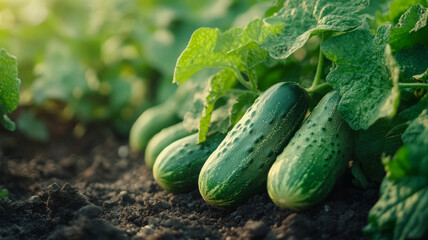 Obraz premium Cucumbers growing on a plant in a garden under sunlight.