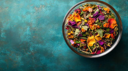 A bowl of colorful dried potpourri on a teal background. - obrazy, fototapety, plakaty