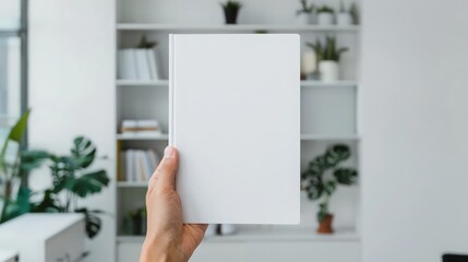 A person is holding a white book in their hand