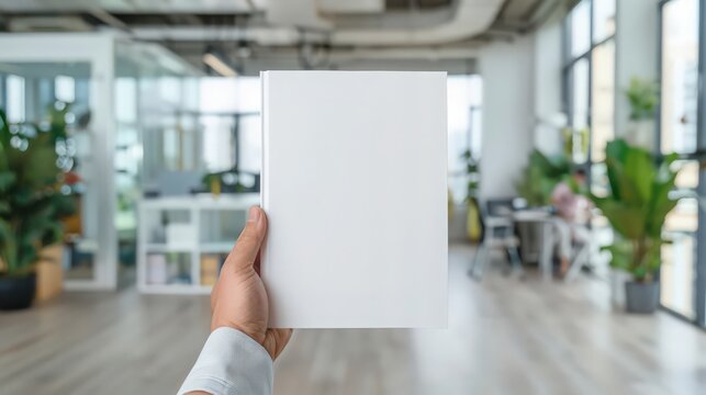 A person is holding a white book in a room with a lot of plants
