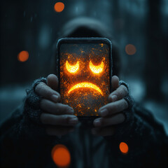 Young person holding a mobile phone showing a depressed sad emoji icon, depressing dark weather