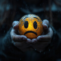 Hands holding a sad emoji face icon glowing ball, dirt and grit, depressing dark weather