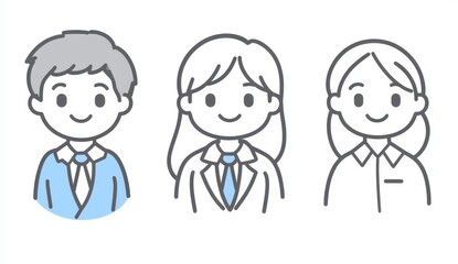 A set of simple line art icons for profile pictures featuring business people, one male and three female characters in light blue color with black outlines on a white background Generative AI