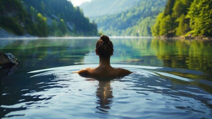 Fototapeta premium Woman Relaxing in a Tranquil Mountain Lake