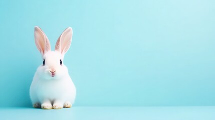 A white rabbit is standing in front of a blue wall