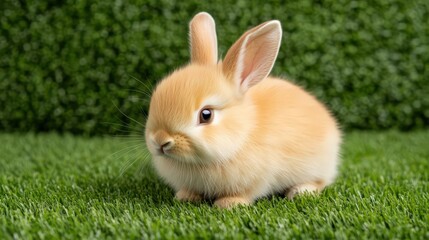 A baby rabbit is sitting on the grass