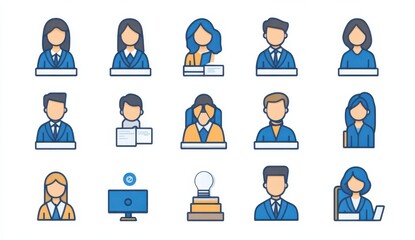 A set of simple line art icons for profile pictures featuring office workers in blue and grey colors, on a white background Generative AI