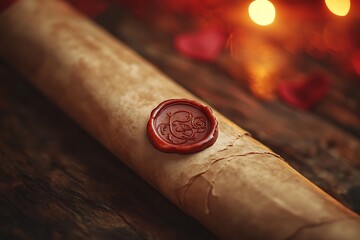 Fototapeta premium Old paper scroll sealed with red wax on wooden table