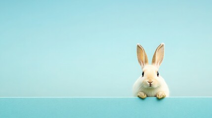 Fototapeta premium A white rabbit is standing on a blue wall