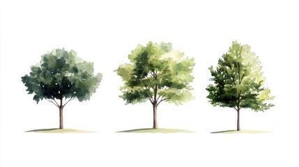 Obraz premium A collection of three watercolor trees, each with lush green foliage, set against a simple white background. The trees are hand-drawn and vary in shade and texture.